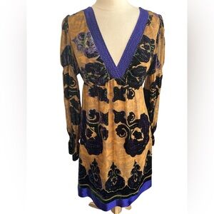 Hale Bob Semi Sheer Tan Dress w/paisley print,Beads Purple & green Velvet Size M